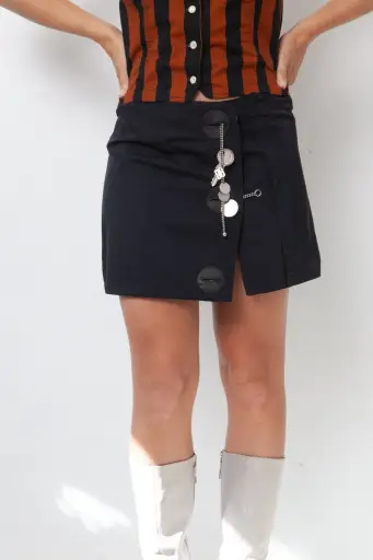 Dirk Bikkembergs 2000's black nylon miniskirt with chain and pendants