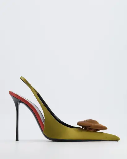 Saint Laurent Olive Green Satin Amalia Slingback Pumps with Bronze Square Flower Applique Size EU 38.5