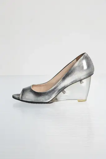 PRADA SILVER LEATHER WEDGE PUMPS