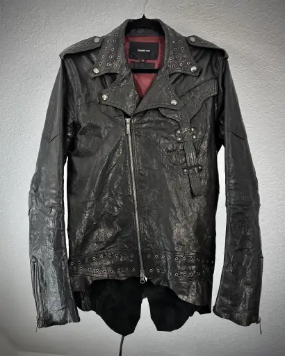 Yasuyuki Ishii Studded Raw Cut Leather Patchwork Jacket