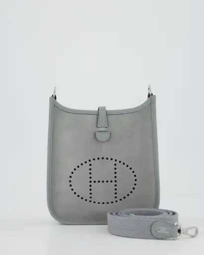 *RARE* Hermès Mini Evelyne Bag in Gris Pantin Grizzly Suede Calfskin Leather with Palladium Hardware