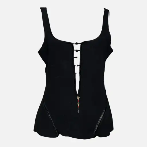 Roberto Cavalli S/S 2003 Black And Red Chinoiserie Floral-Panel Sleeveless Top