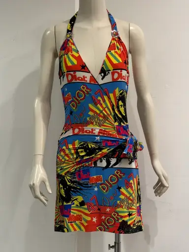 S/S2002 Christian Dior Rasta collection print halter mini dress