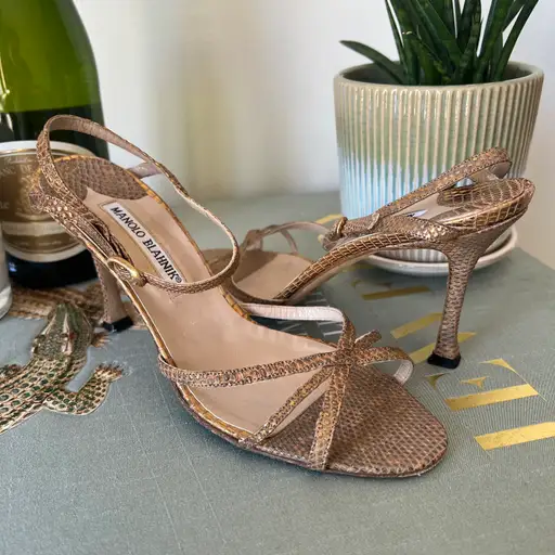 Manolo Blahnik Metallic Lizard Sandals; EU 37.5