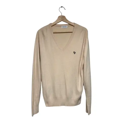 VINTAGE CHRISTIAN DIOR  CREAM V-NECK SWEATER WITH EMBROIDERED LOGO