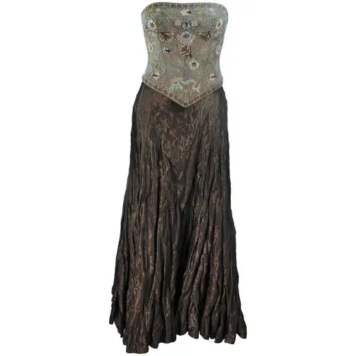 LES HABITUDES KAAT TILLEY Beaded Olive Bustier and Crinkle Skirt Size 2
