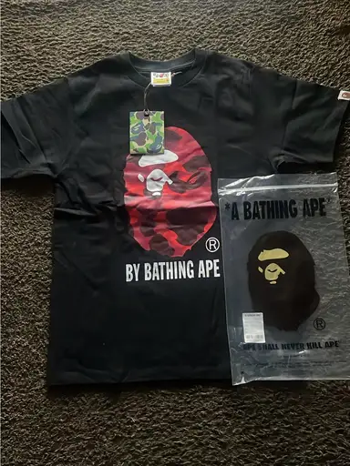 Bape Black Short-Sleeve Tee with Red Camo Ape Logo