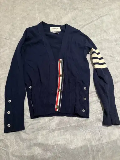 Thom Browne Blue Cashmere Striped Washed Fitted Cardigan