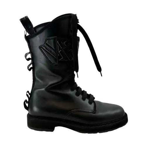 Fendi Black Leather Rockoko FF Monogram Combat Biker Boots