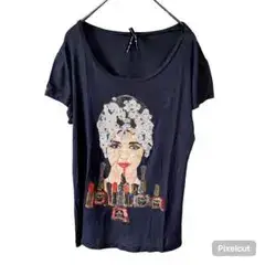 J1848 フォルナリーナ スパンコール ビジュー Tシャツ コスメ フェイス柄