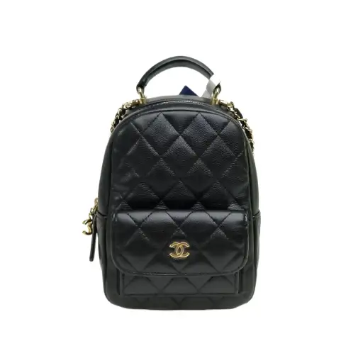CHANEL Shoulder backpack with front hand pocket, 13cm Black Grained Calfskin