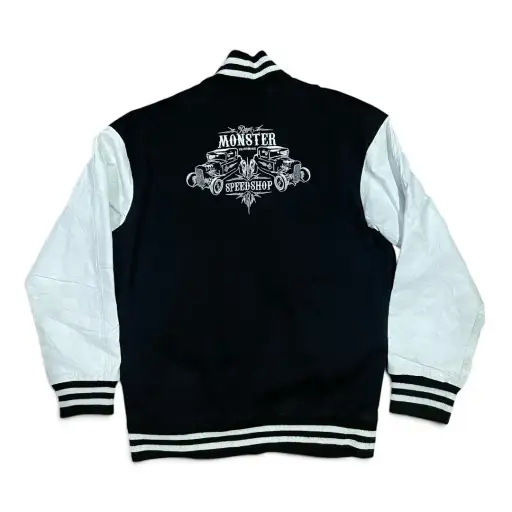 Royal Monster Speedshop Leather-Sleeve Denim Varsity Jacket