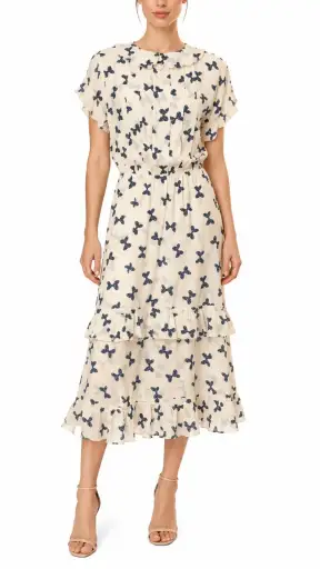 1980s CHLOE White & Blue Bow Print Short Sleeve Dress