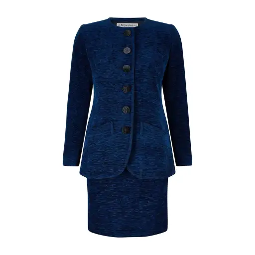 1990s Yves Saint Laurent Blue Chenille Skirt Suit with Clover Buttons