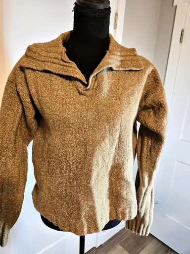 Ermenegildo Zegna Italy Wool Blend Split Polo Collar Sweater Camel Tan XL 54
