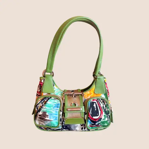 PRADA GREEN CANAPA STAMPATA VENICE MINI BUCKLE BAG