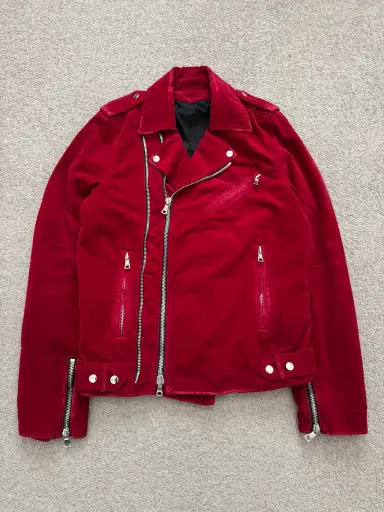 FW15 Balmain by Olivier Rousteing Red Velvet Biker Jacket