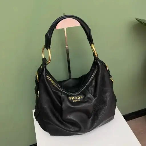 PRADA black cowhide leather logo shoulder bag