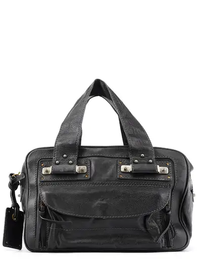 Black Leather Pocket Tote Bag