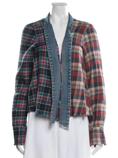 Greg Lauren Size 1  Plaid Mixed-Color Open Front Flannel Top with Denim Trim