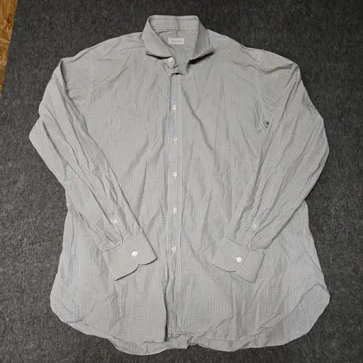 Brioni Dress Shirt Mens‎ Size 16.5 L Blue Tan Micro Check Italy Cotton Luxury