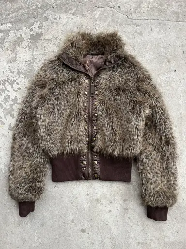 Vintage Japanese Cropped Eco Fur Faux Fluffy Jacket Coat Y2K