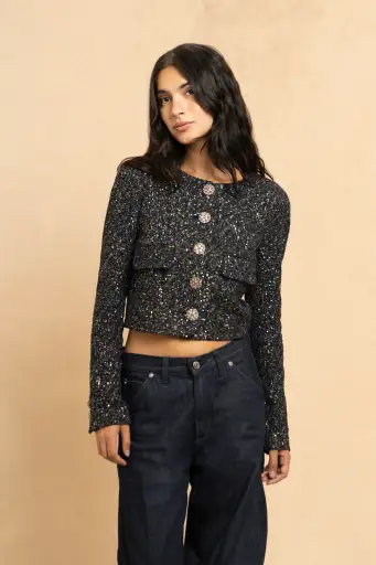 Chanel Charcoal Fantasy Tweed Jacket with Gripoix Buttons by Karl Lagerfeld (Resort 2015)