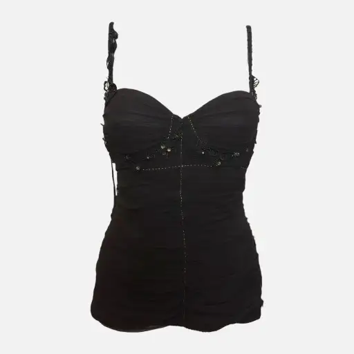 Class Roberto Cavalli Black Ruched Embroidered Crystal-Embellished Bustier Top