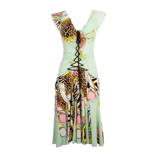 SS 2004 Floral Leopard Lace-Up Silk Runway Dress