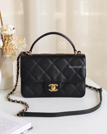 Top Handle Flap Bag Black Lambskin Gold Hardware