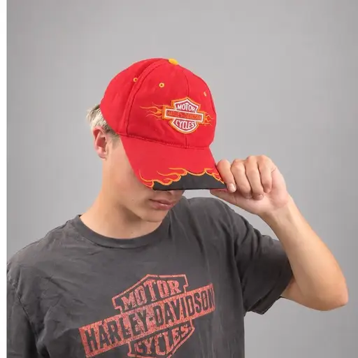 Vintage Harley Davidson Red Flame Embroidered Strapback Hat Mens