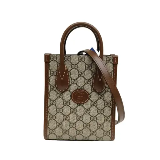 GUCCI GG Retro Leather Label Canvas and Leather Combination Monogram Logo Mini Tote Bag Shoulder and Crossbody Bag Ebony Calfskin