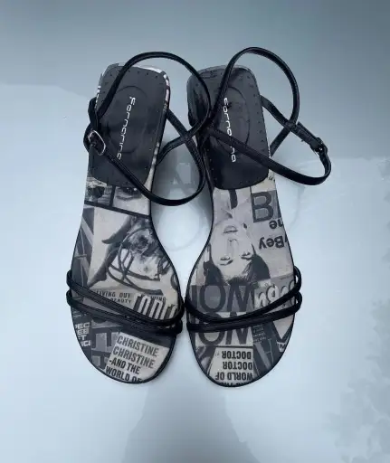 Vintage Fornarina Newspaper Print Kitten Heels Sandals