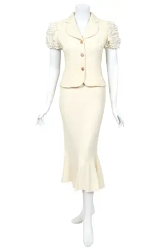 1998 John Galliano ‘Haute Bohème’ Collection Ivory Knit Ruffle Sleeve Jacket & Bias-Cut Skirt Set w/Tags