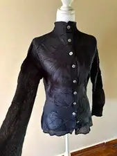 Yoshiki Hishinuma Women's S Black Sheer Silk Chiffon Collared Button Blouse