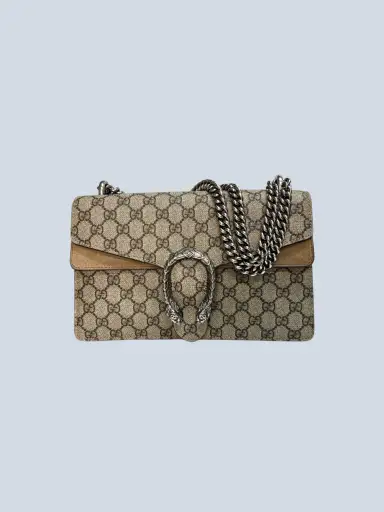 Gucci
 Dionysus medium shoulder bag in Monogram canvas and suede