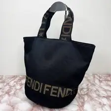 FENDI Logo Tote Bag Canvas Black Vintage Authentic From Japan