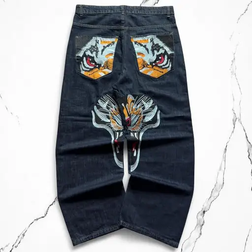 Y2K Japanese style embroidered baggy denim jeans with sick tiger embroidery 
size 34” measurements shown in pics
like new condition, no flaws 

#Japanese #Y2K #Embroidery #denim #baggy