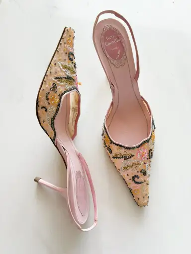 René Caovilla Pink Beaded Slingback Heels (41)