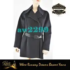 Chanel Fall 04 100% Wool Coat Jacket With Attached Cc Logo Belt Black 38