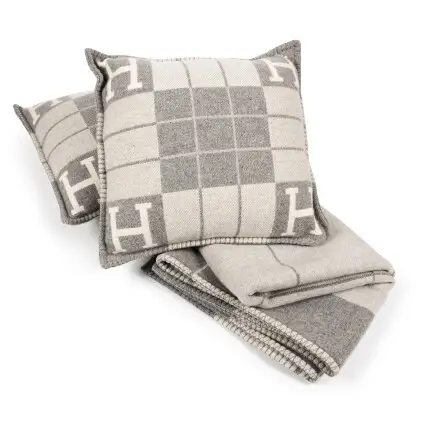 Hermès Set of Three: Hermès Ecru and Light Grey Wool and Cashmere Avalon Pillows and Light Grey Wool and Cashmere Avalon Blanket
