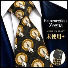 未使用✨ゼニア ネクタイ 光沢 総柄 チェック シルク イタリア製 カーキ