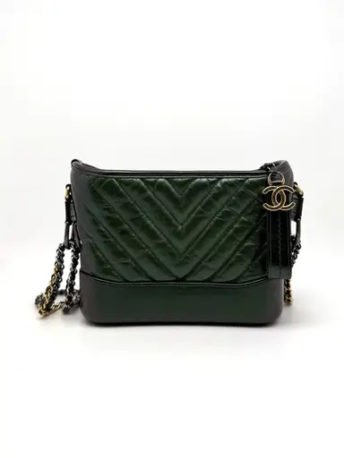 Chanel Metallic Calfskin Chevron Quilted Small Gabrielle Hobo In Green