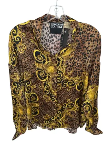 Versace Couture Size 10 Black & Gold Polyester Long Sleeve Animal Print Top