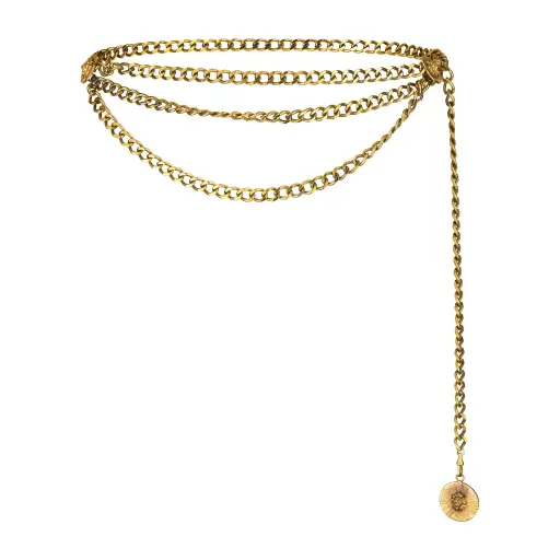 1983 Chanel Gold 4-Strand Chain Belt with Lion and CC Medallions