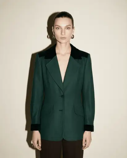 Forest Green Wool Blazer with Velvet Trim, Late 80s/90s