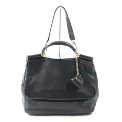 未使用品★DOLCE&GABBANA ドルチェ＆ガッバーナ シシリー がま口チャーム・ロゴ金具付 レザー 2way ハンド・トートバッグ ブラック 袋付