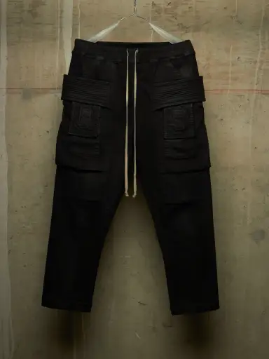 Rick Owens DRKSHDW SS24 "LIDO" BLACK Drop-crotch Waxed Creatch Cropped Cargo Denim