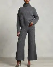 LISA YANG Charcoal Grey 100% Cashmere Turtleneck Sweater & Wide Leg Pants Set S