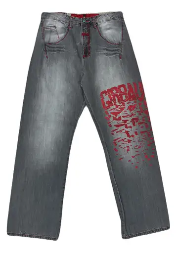 【Marithé + François Girbaud】Gray Wide-Leg Jeans with Red Graphic Print